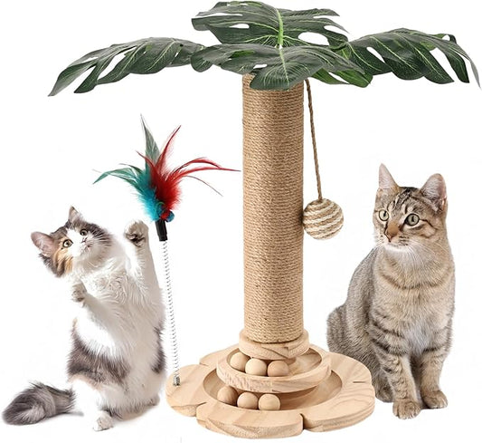 Cat Scratching Post for Indoor Cat Sisal Kitten Scratching Post with 3D Leaves,Hanging Ball,Wooden 2 Level Track,Interactive Toy