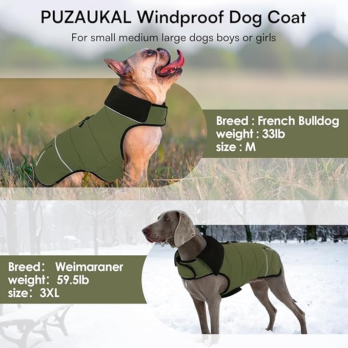 Dog Coat, Small Dog Jacket, Windproof Dogs Puffer Jacket, Fleece Lined Warm Dogs Winter Coat with Harness Hole (Army Green M)