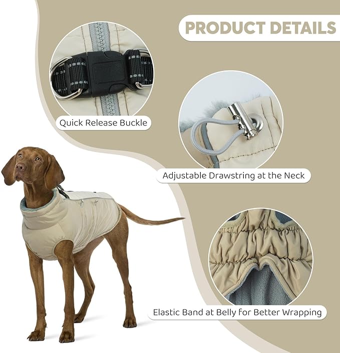 IDOMIK Warm Dog Coat with Harness Built-in, Thick Fleece Dog Winter Jacket with High Collar&Zipper, Waterproof Reflective Dogs Cold Weather Coats for Large Dogs, Pet Snow Jacket Vest(Apricot,XL)