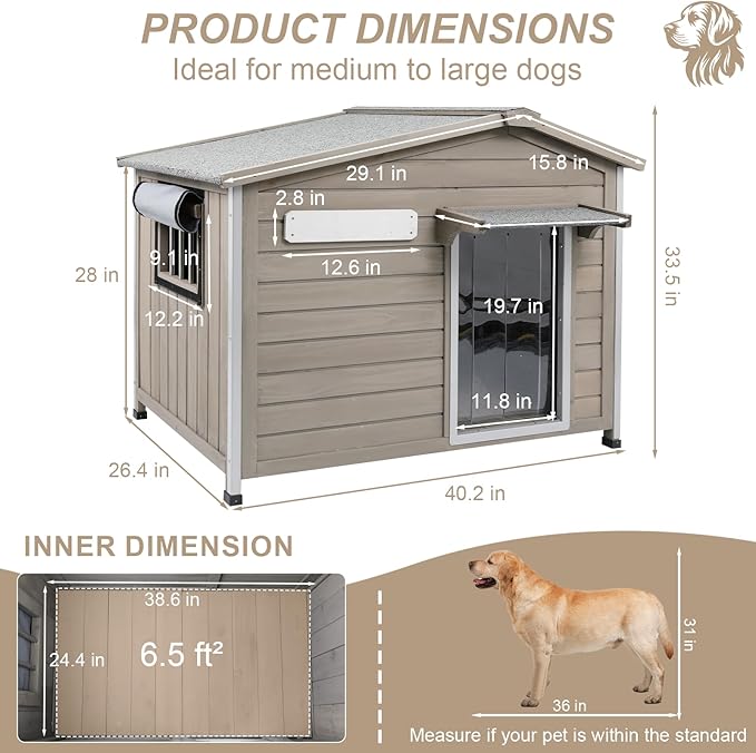 Outdoor Dog House with Chew-Proof Iron Frame, Wooden Dog Kennel Weatherproof，Removable Floor, Adjustable Vent Window, Easy Assembly for Large and Medium Dog 40.2" D x 26.4" W x 33.5" H