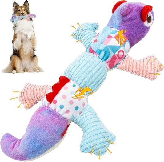 Crinkle Dog Toys Squeaky Plush No Stuffing Cute Puppy Stuffless Tough Rop Pull Toy, Fun Dog Stuffed Animals Durable Chew Set for Small Medium Large Pup (Large, Purple Chameleon)
