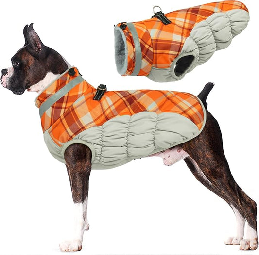 Lelepet Dog Coat Warm Dog Winter Coat Waterproof Dogs Jacket with Harness Built in Reflective Pet Fleece Vest Zip-Up Cold Weather Coats for Large Dogs Turtleneck Windproof Coats Boxer Orange Plaid XL