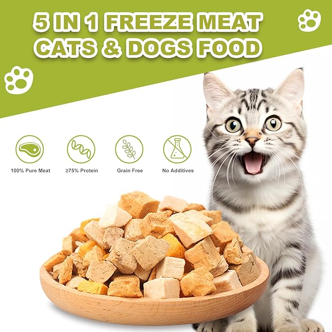 5-in-1 Freeze-Dried Cat & Dog Treats - Natural Chicken, Salmon, Egg Yolk, Duck & Liver, Grain-Free High Protein Snacks (5oz)