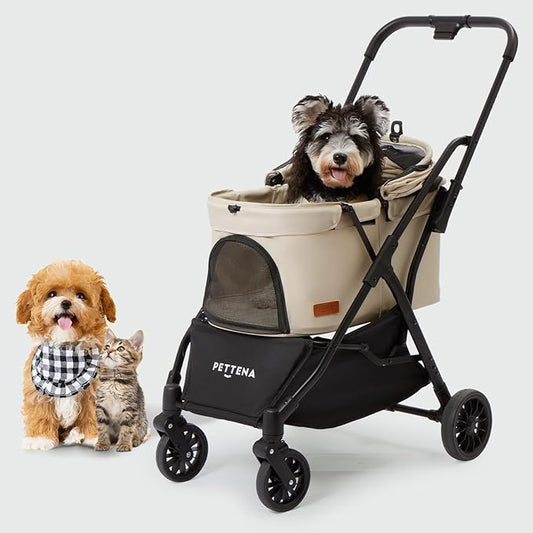 【One-Pull Open Ver.】 PETTENA Dog Stroller for 2 Dogs, One-Touch Foldable Dog Stroller for Small/Medium Dogs Cats up to 44 Lbs, Khaki