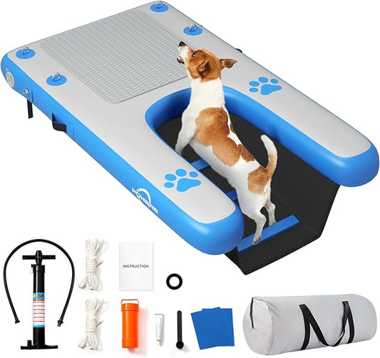 Dog Boat Ramp - Inflatable Dog Pool Ramp for Boat (60" x 35.5"), Non-Slip Water Ladder for Dock, for Pets Up to 250 lbs, Easy Access from Swim Platform, Pool or Floating Docks for Lakes, Blue