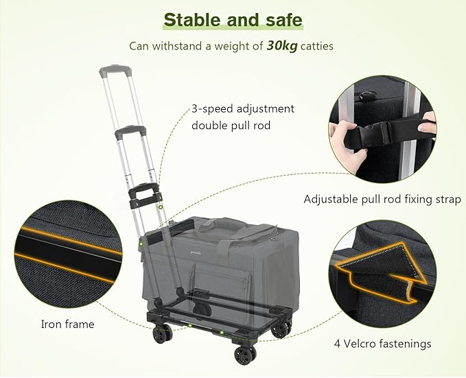 Pecute Cat Carrier with Wheels,Steel Wire Frame Cat Carrier, Stable Pet Trolley Bag for Cats, Pet Handbag and Stroller, Portable Cat Carrier Bag for Car Travel Bus Subway, Dark Grey