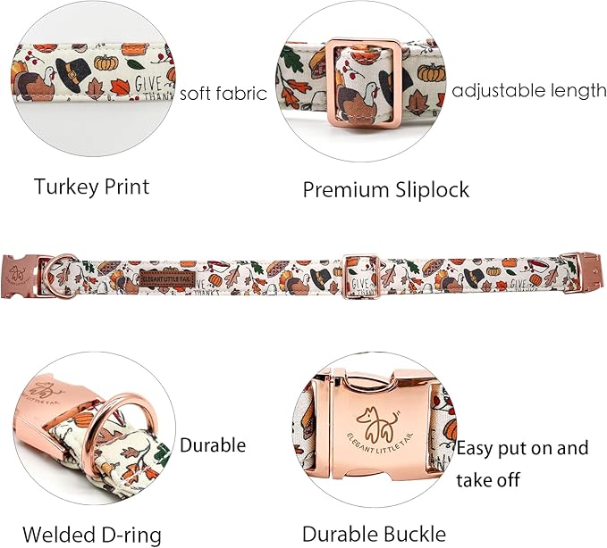 Elegant little tail Thanksgiving Dog Collar, Fall Turkey Print Pet Collar Durable Dog Collars Male or Female Holiday Pet Gift Adjustable Dog Collar for X-Large Dogs