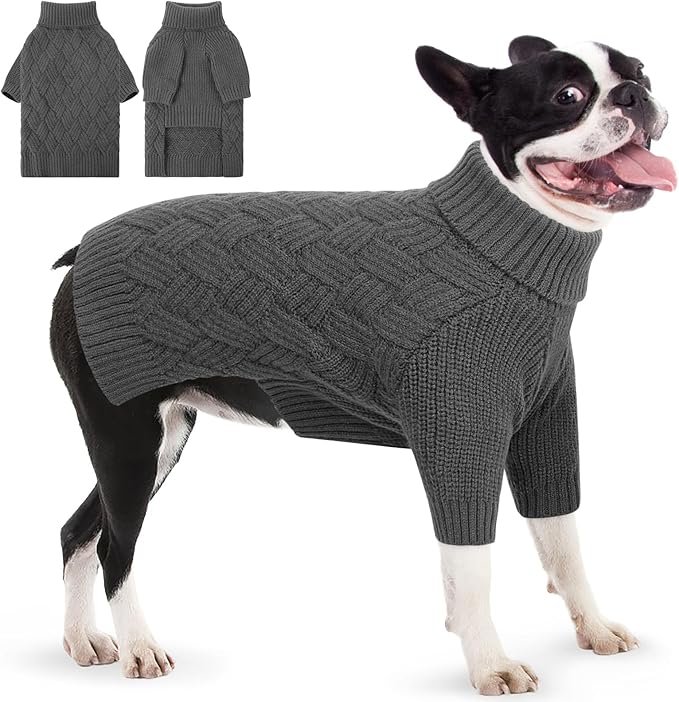 AOFITEE Dog Sweater, Warm Dog Sweaters for Large Dogs, Halloween Dogs Sweater, Turtleneck Girl Pet Sweaters, French Bulldog Sweatshirt, Knit Female Male Pet Knitwear for Winter Fall (Grey Large)
