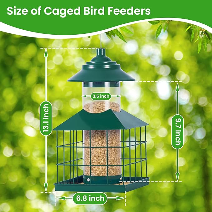 Squirrel Proof Bird Feeder, Hanging Metal Cage Bird Feeders for Outdoors, Weather Resistant Wild Bird Feeders with Finch Cardinal Chickadee, 3.4 LB Large Capacity,Green