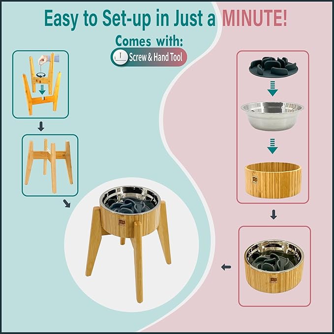 Slow Feeder Dog Bowls for Large Breed - 12-inch High Elevated, Raised Single Food Station - Detachable Parts, Suitable for Treats, Wet/Dry Pet Foods