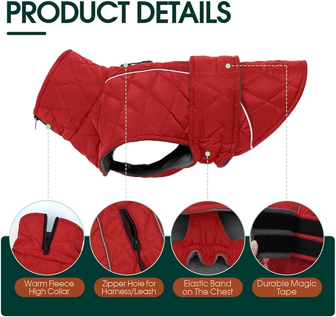 Kuoser Extra Warm Dog Coat, Windproof Cold Weather Jacket for Small Dogs, Fleece Lining Turtleneck Dog Jacket Pet Christmas Snowsuit Puppy Reflective Adjustable Winter Clothes, Red S
