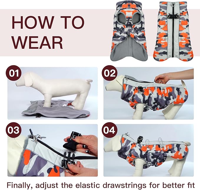 Dog Coat for Large Dogs, Dog Winter Jacket-X Large Warm Dog Coat with Harness Reflective Dog Vest Water-Resistant Dog Snowsuit Dog Snow Jacket for Large Dogs Beagle, Corgi, Orange-Camouflage