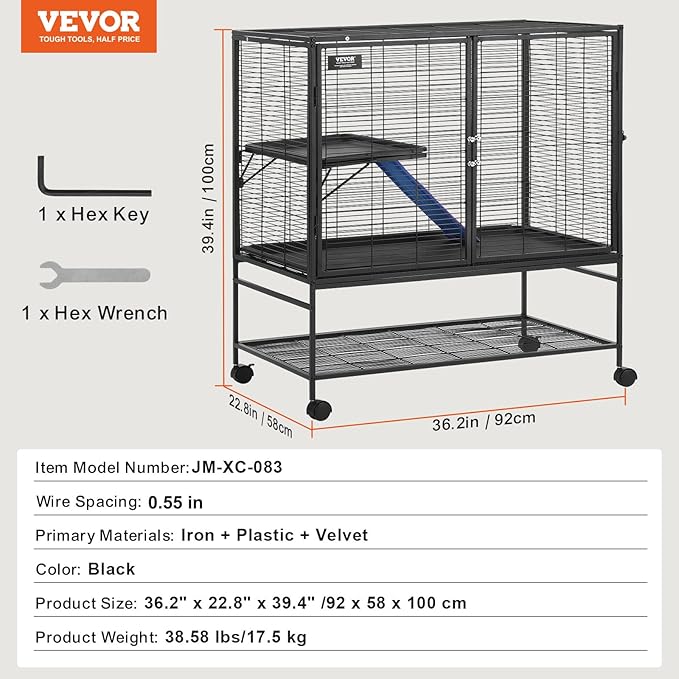 VEVOR 39" Rolling Metal Ferret Cage, Large 2-Tier Critter Nation Cage, Small Animal Cage with Ramps & Tray, Easy to Set up for Pet Mice, Hamster, Guinea Pig, Chinchilla, Squirrel, Hedgehogs, Bunny