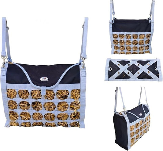 Majestic Ally Animal Health Hay Bag for Horses, 2.5" Holes, Top Load, Travel Feeder, Reduces Waste, 1 Year Warranty, Multiple Colors (Gray-Black)