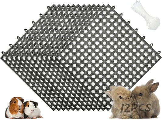Rabbit Cage Mat Floor - 12 Pcs Plastic Bunny Resting Mats 12x12 Washable Small Animal Feet Pad with Holes for Adult Guinea Pig Chinchilla Ferret Squirrel, Easy to Cut and Splice (Grey)