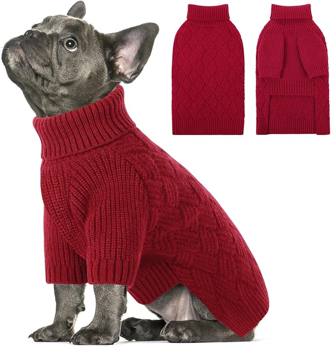 SUNFURA Small Dog Sweater, Turtleneck Dog Sweater for Cold Weather, Puppy Knitwear Pullover for Christmas Thanksgiving, Pet Winter Knitted Sweatshirt for Pug Dachshund, Red S