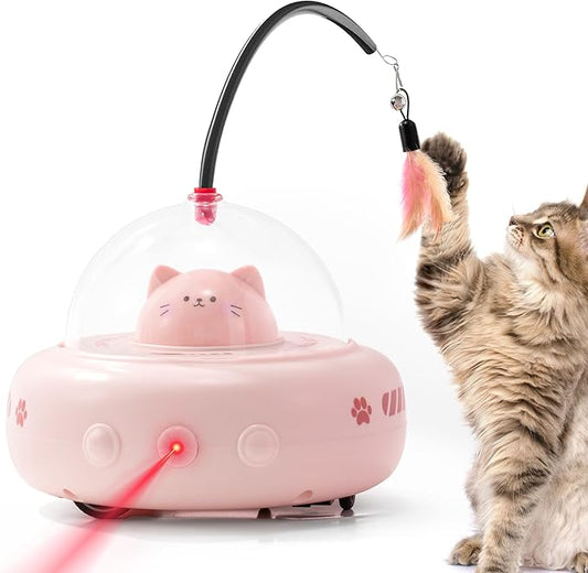 Li&Zhao Interactivity Cat Toy - Automatic Laser Feather Cat Toy, Rechargeable 2 in 1 Cat Electric Toy for Boring Indoor Adult Cats/Kittens(Pink)