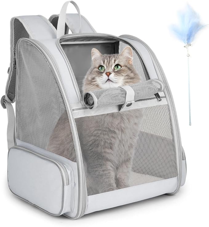 Cat Backpack Carrier, Large Pet Backpack with Kitten Wand Feather Toy for Medium Small Dog Cat Puppy Kitty Bunny up to 15lbs, Ventilated Mesh Dog Travel Carrier for Hiking Walking Outdoor Use (Grey)