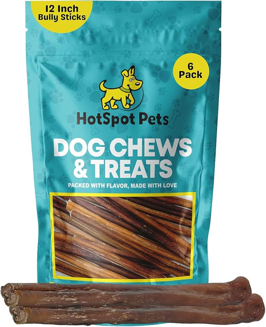 hotspot pets Bully Sticks for Dogs - All Natural Single Ingrediant Beef Bully Bones, Fully Digestible Rawhide Free 100% Bully SticksDog Chews (12 Inch, 6 Count)