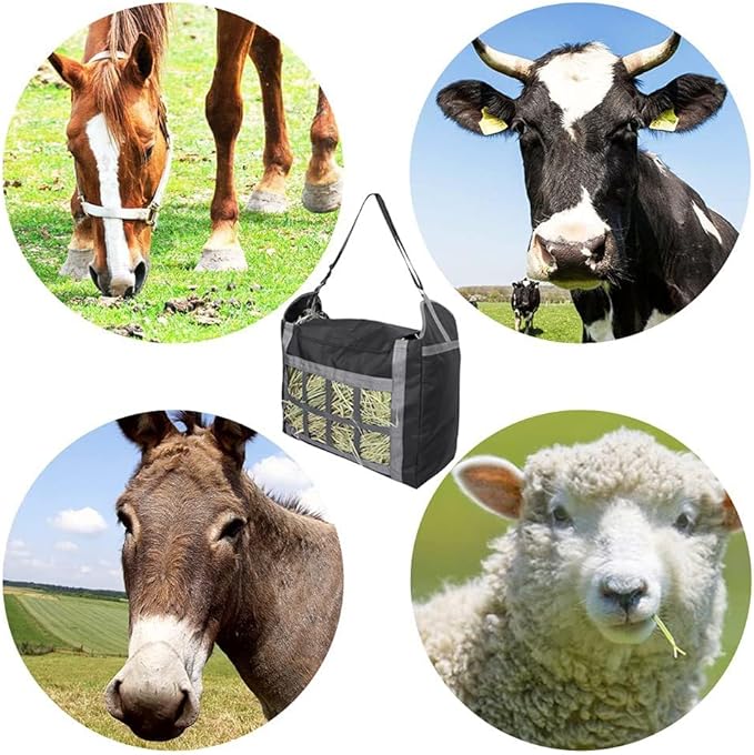 Hay Bags for Horses, 3 Pack Durable Large Capacity Horse Hay Feed Bags with Free Gloves, Slow Feed Hay Feeder for Goats/Sheep/Donkeys, Easy to Hang & Fill with Front Hay Nets Design