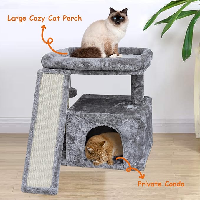 Small Cat Tree for Indoor Cats，Cat Tower with Scratching Post and Board，Cat House with Perch for Kitten, Stable Condo and Stand (Light Grey)