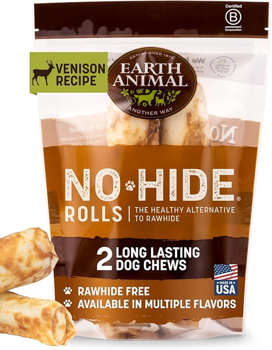 Earth Animal No Hide Medium Venison Flavored Natural Rawhide Free Dog Chews Long Lasting Chew Sticks |Treats for Large Dogs | Great for Aggressive Chewers - 2 Count
