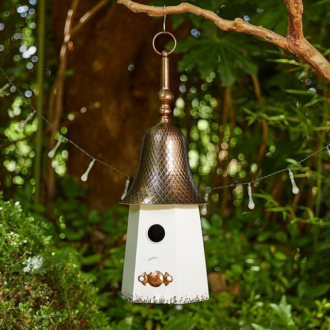 Glitzhome 24" H Metal Hanging Birdhouse for Outdoors, Farmhouse Pagoda Painted Decorative Bird House with Bell Roof for Bluebird Wren Chickadee Sparrow Bird Nest Box for Garden Patio, Washed White
