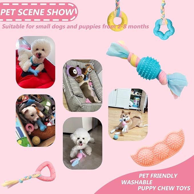 7 PCS Puppy Toys,Puppy Chew Toys for Teething Small Dogs Toys for Puppies 0-6 Months,Pink Cute Rubber Dog Rope Toys for Puppies Anxiety Relief Cleaning Teeth and Protect Oral Health.