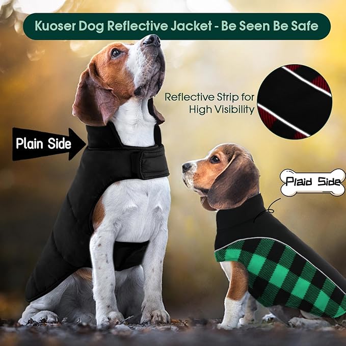 Kuoser Dog Winter Coat, Reversible Waterproof Dog Jacket with Reflective Strip, Warm Dogs Fleece Vest Adjustable Doggy Cold Weather Clothes Plaid Christmas Outfit Pet Apparel for Medium Dogs, Green M