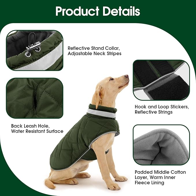 Dog Winter Coat Warm Padded Puppy Jacket Windproof Water Resistant Clothes for Small Medium Large Pets Christmas Sweater Outfit Vest(Green, 2XL)