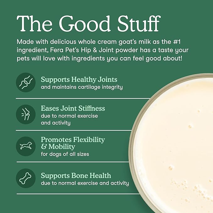 Fera Pets Goat Milk - Cat & Dog Hip and Joint Support with Glucosamine, MSM & Green Lipped Mussel - Supports Flexibility, Mobility & Bone Health - for Picky Eaters - 60 Tsps