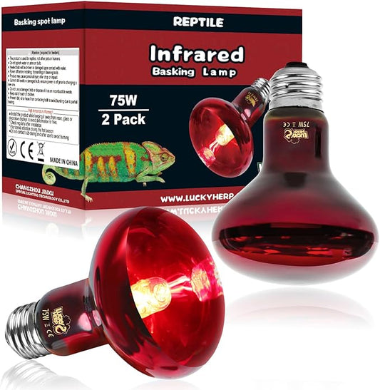 LUCKY HERP Infrared Heat Lamp 75W 2 Pack，Reptile & Amphibian Basking Spot Light Bulbs, Red Heat Lamp Bulbs for Reptiles, Bearded Dragon, Turtle, Lizard, Snake, Chicken