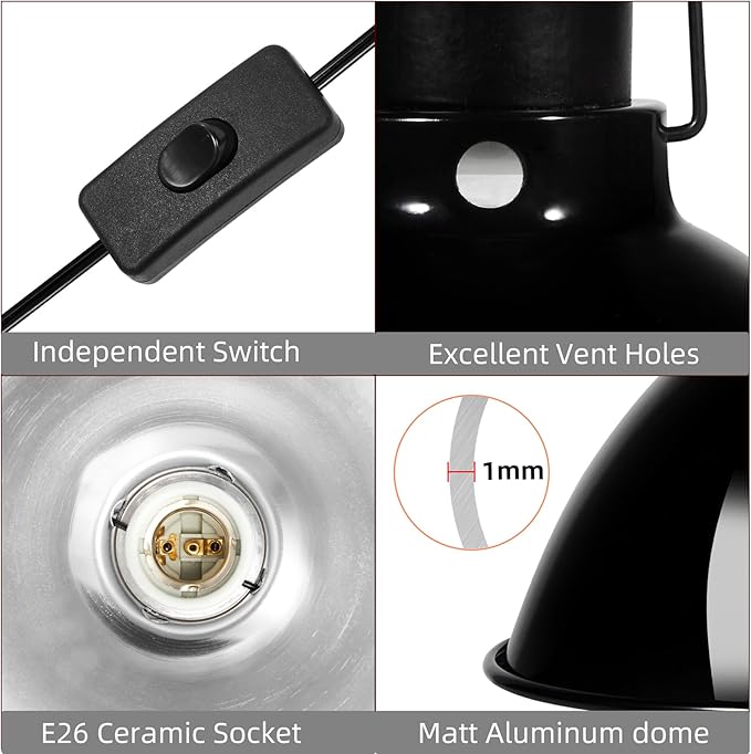 8.5inch Dome Reptile Heat Lamp Reptile Light Fixture UVB Light Fixture Max 150W for Bearded Dragon, Turtles, Snake and Lizard Terrarium