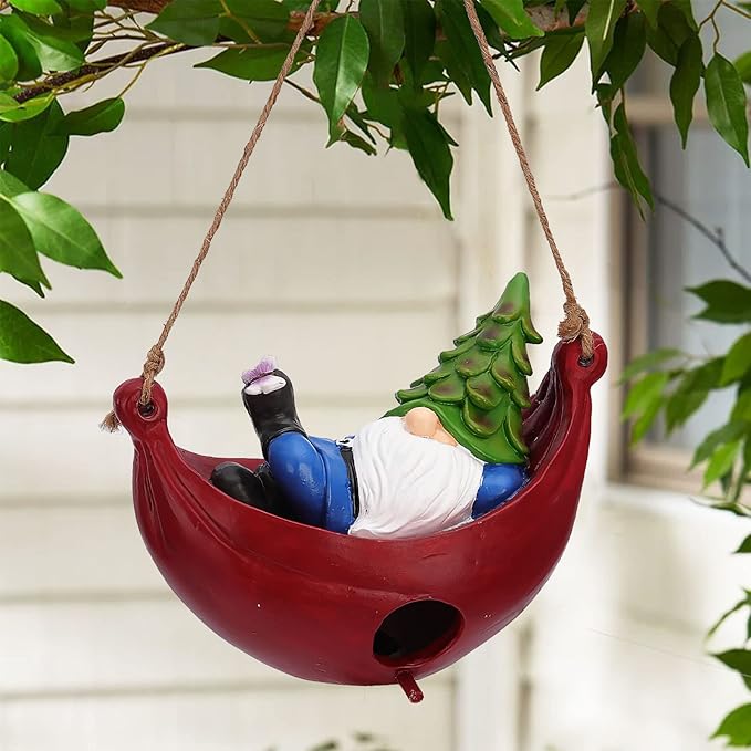 BAYN Bird House for Outside, Hanging Handcrafted Hammock Gnome Resin Outdoor birdhouses Humming Bird, Bluebird, Wren, Camper Hanging Houses nest cage