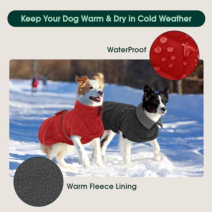 Kuoser Extra Warm Dog Coat, Windproof Cold Weather Jacket for Small Dogs, Fleece Lining Turtleneck Dog Jacket Pet Christmas Snowsuit Puppy Reflective Adjustable Winter Clothes, Red S