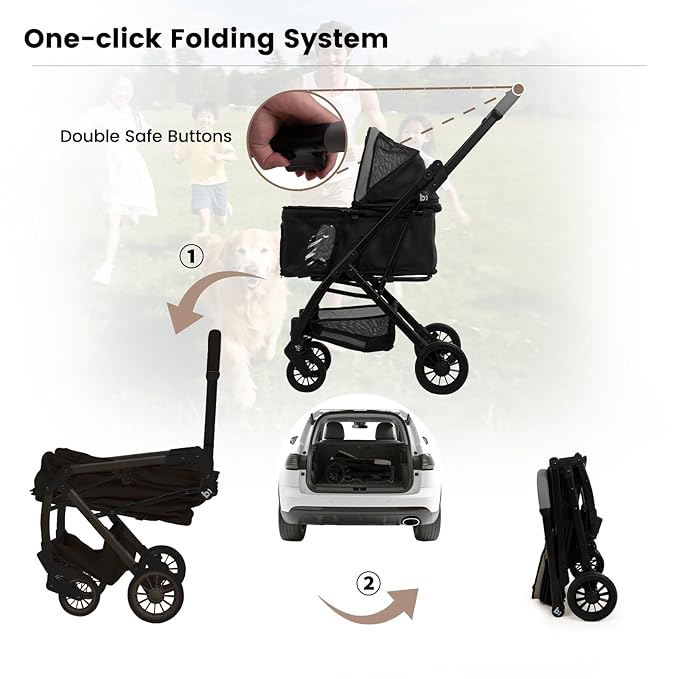 Lightweight Dog Stroller for Small Dogs & Cats Portable Compact Folded Pet Stroller Up to 35lbs Medium Pets One Click Folding Large Cat Carriage with Convertible Canopy Storage Basket-Black