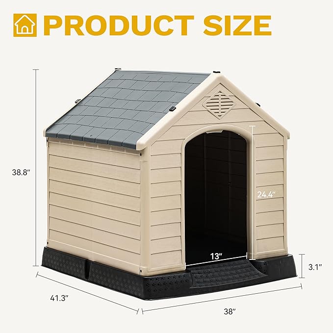 DWVO Large Plastic Dog House, Weatherproof Outdoor/Indoor Doghouse, Puppy Kennel with Air Vents and Elevated Floor, 41.3''L*38''W*38.8''H, Gray+Brown