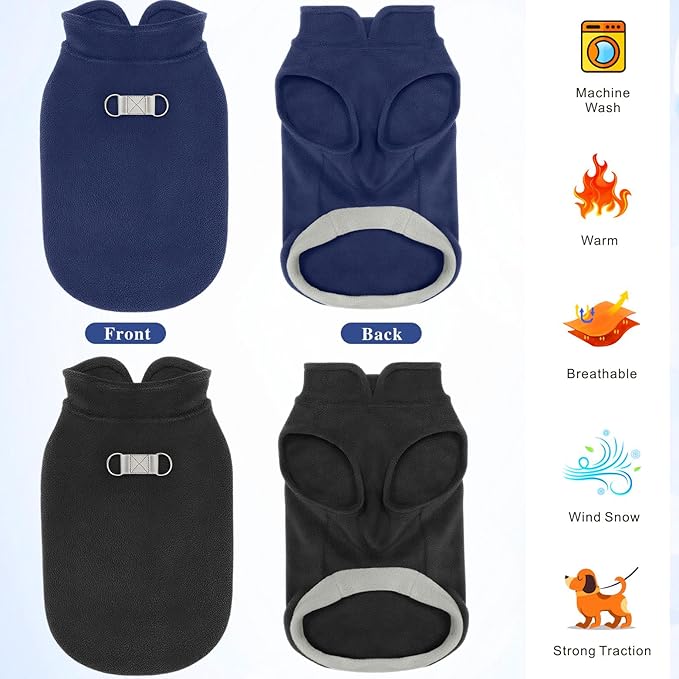 Idepet 2 Pack Dog Fleece Vest Sweater Warm Pullover Jacket with D-Ring Leash Reflective Winter Coat Hoodie for Small Medium Dogs Puppy Cat Pet Clothes (Black&Blue, Large)