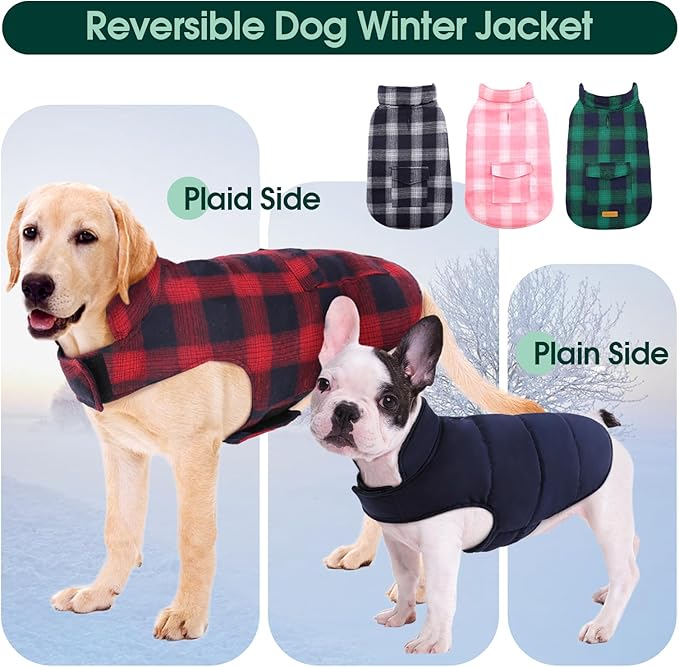 Kuoser Reversible Winter Coat, British Style Jacket for Medium and Large Dogs - Warm Windproof Puppy Cold Weather Clothes Vest, Red L