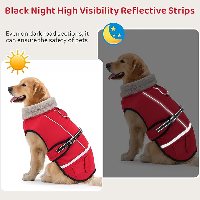 Dog Coat, Dog Winter Coat Jacket Waterproof for XL Large Dogs, Pet Vest Warm Fleece Cozy for Cold Weather, with Harness Built in Reflective, Dogs Snowsuit Windproof, Adjustable Buckle