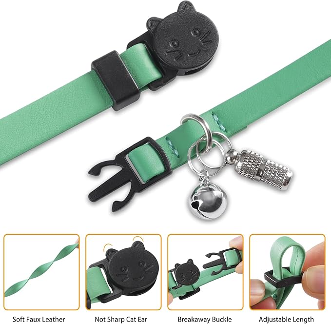Upgrade Breakaway Cat Collar with Bells, Soft Leather Kitten Collars with Name Tag,Safety Adjustable Buckle,Lightweight,Ideal for Girl Boy Cats, Green+Blue
