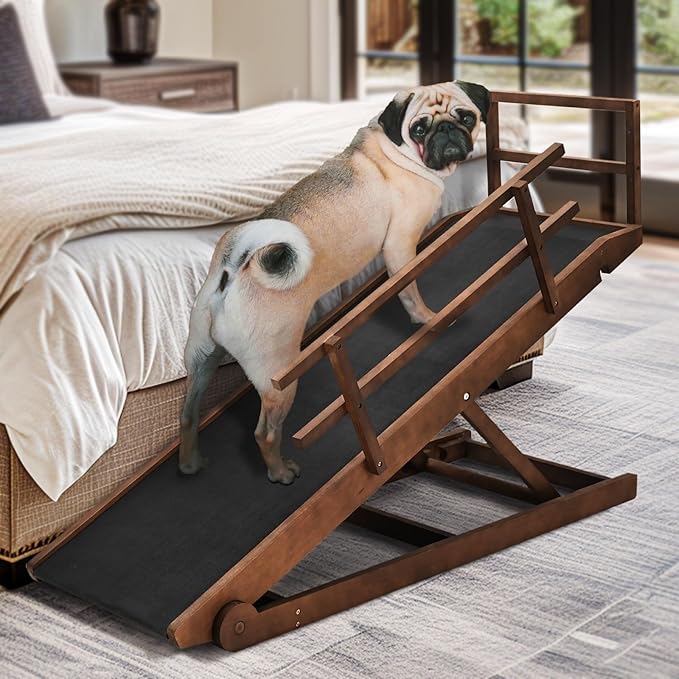 Dog Ramp for Bed, Adjustable Pet Ramps for Dog to Get on Bed, Non-Slip Rubber Surface - Folding Wooden Dog Ramp for Small/Large/Old Dogs, Adjustable up to 23.5 inch High Beds, Safety Railings