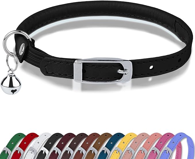 OOPSDOGGY Rolled Leather Cat Collar with Bell, Reflective Kitten Collars with Buckle Include Safety Elastic Strap - Adjustable Small Pet Collars for Boy Girl Cats (Black)