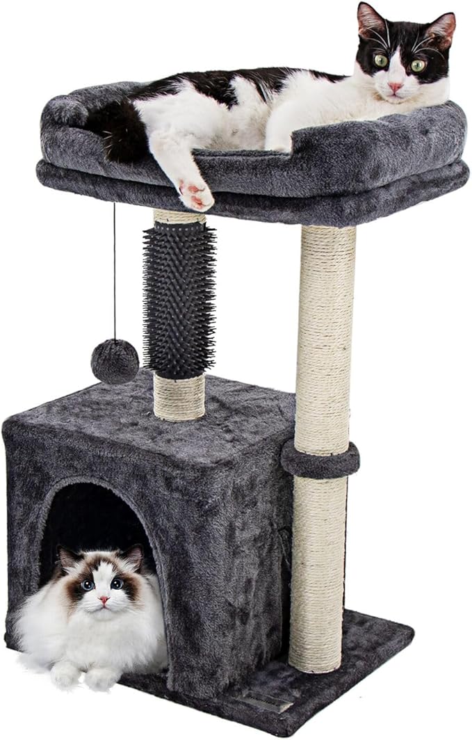26.8" Small Cat Tree Tower,Cat Scratching Post for Indoor Cats,Featuring with Cat Cave & Cozy Perch,Cat Self Groomer and Interactive Dangling Ball Great for Kittens/Cats (Smoky Gray, Medium)