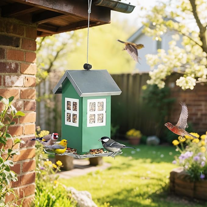 Small Metal Bird Feeders for Outdoors, Cute House Shape Bird Feeder with Window Design, Garden Terrace Hanging Birdfeeder for Finch Sparrow Warblers Little Birds - Premium Green