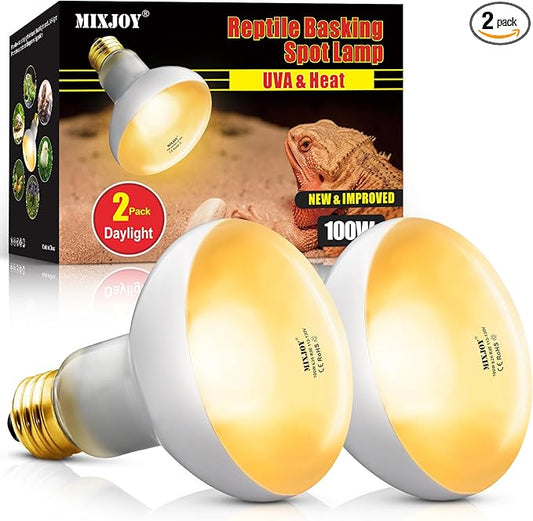 MIXJOY 100W Reptile Heat Lamp Bulbs, 2Pack Heat Lamp Bulbs for Reptiles Basking Bulbs UVA Daylight Basking Light Amphibians Heating Lamp Emitter for Lizard, Tortoise, Bearded Dragon Gecko, Chicken