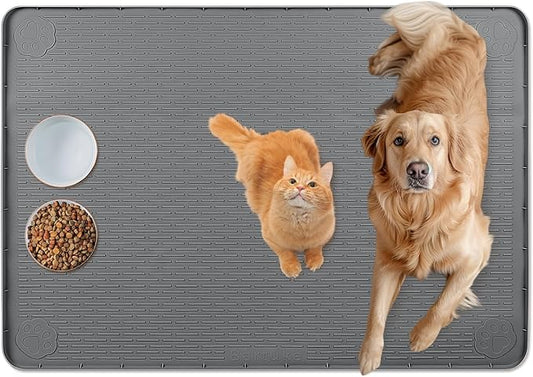Cat Food Mat, 34" x 22" Large Silicone Pet Feeding Mat for Food and Water Bowls Non-Slip, Easy to Clean (Dark Grey)