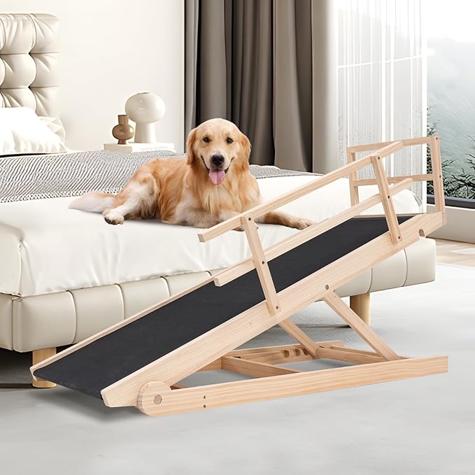 ABORON Antislip Wooden Dog Ramp for High Bed Couch Car, 5-Level Adjustable Folding Pet Ramp for Small & Large Old Dogs & Cats, 17.7" Extra Wide 51" Long, Rubber Mat, Supports up to 200 lbs