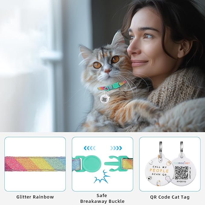 Cat Collar Breakaway with QR Code Name Tag, Glitter Kitten Collars with Bell, Cat Tags Personalized, Ultra-Durable, Comfortable, Quick Release, Fits Most Girl Boy Cats and Puppies (8"-13.5")