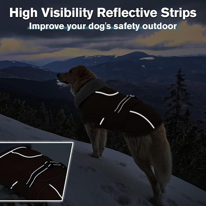 Lelepet Warm Dog Coat Reflective Fleece Vest Waterproof Dog Jacket with Adjustable Buckle Hook & Loop Windproof Cold Weather Coats for Small Medium Large Dogs, Brown, XXXL